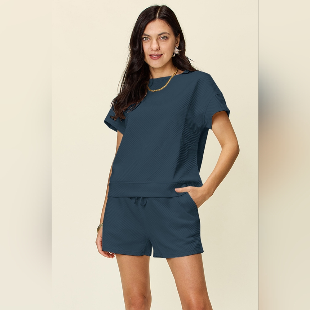 Double Take Full Size Texture Short Sleeve Top and Drawstring Shorts Set